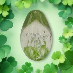 VTG Oval Paperweight Swirls Art Bubbles green Deco Greenbrier 3.5"